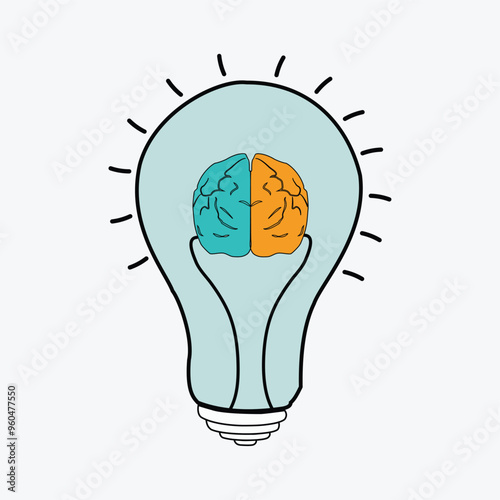 Creative Bulb with Brain Logo Design Template. light bulb Brain icon on a white background. ideas symbol illustration, light bulb isolated outline line art doodle icon. brain symbol. vector bulb 