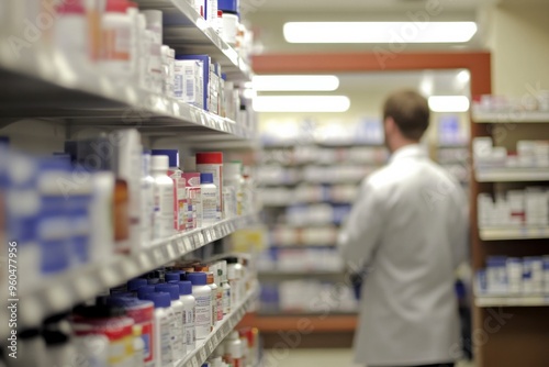 In a bustling pharmacy, a dedicated pharmacist meticulously sorts and organizes various medications on shelves, ensuring easy access for customers