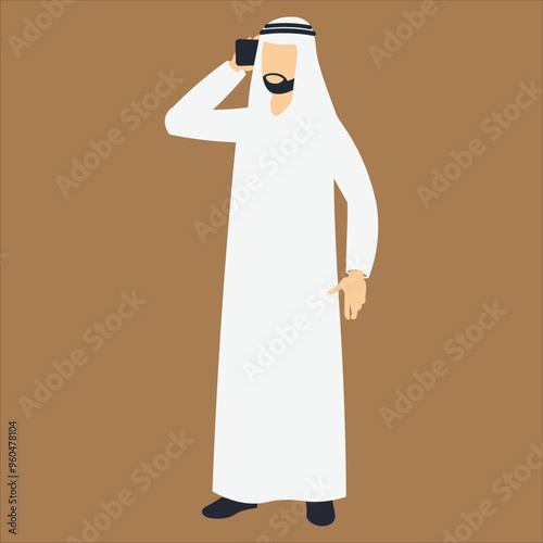 Illustration of a young Arab man talking on the phone. He is dressed in traditional clothing and has a beard. The illustration is a simple and flat design.