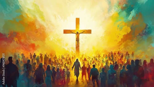 A large cross with the sun shining behind it, surrounded by people in different colors and sizes symbolizing diversity Generative AI