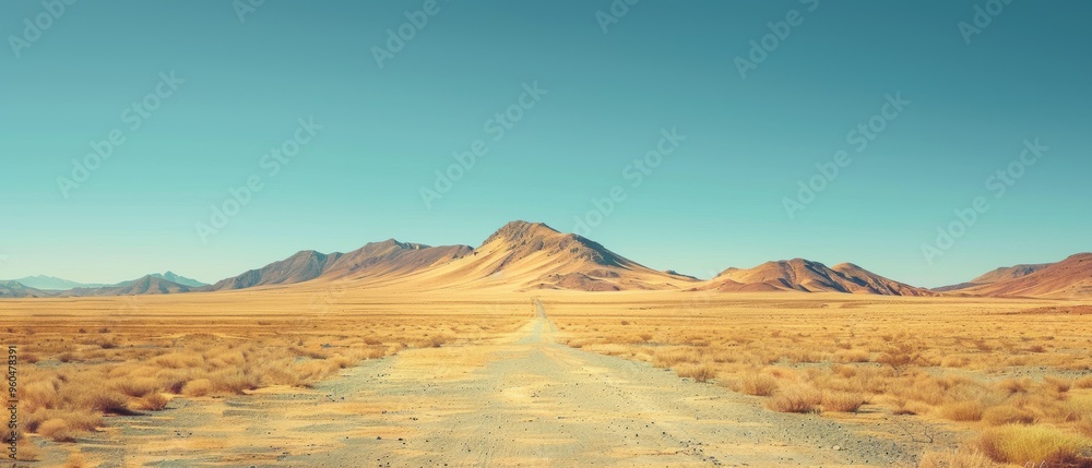Fototapeta premium Serene Rocky Desert Landscape under Clear Blue Sky