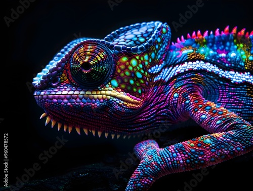 Neon Chameleon Transforming into a Vibrant Color Spectrum against a Black Background