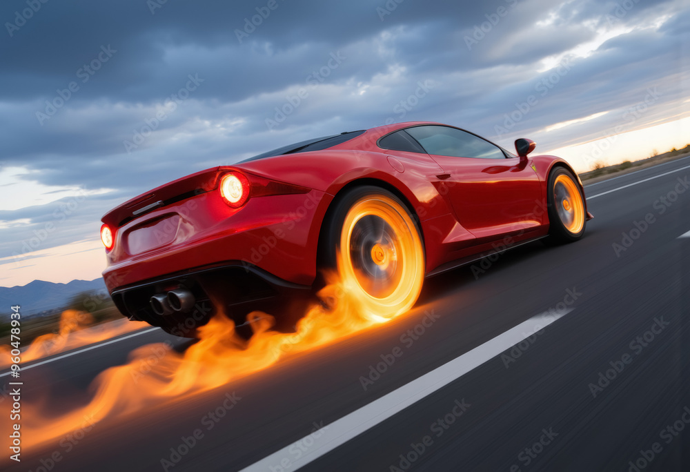 Cool red fast car with burning wheels. Cool red fast car with burning wheels.