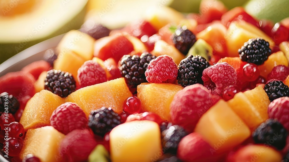 A colorful fruit salad featuring a variety of fresh berries and melon pieces, perfect for a healthy snack or dessert. A colorful fruit salad featuring a variety of fresh berries and melon pieces, perfect for a healthy snack or dessert.