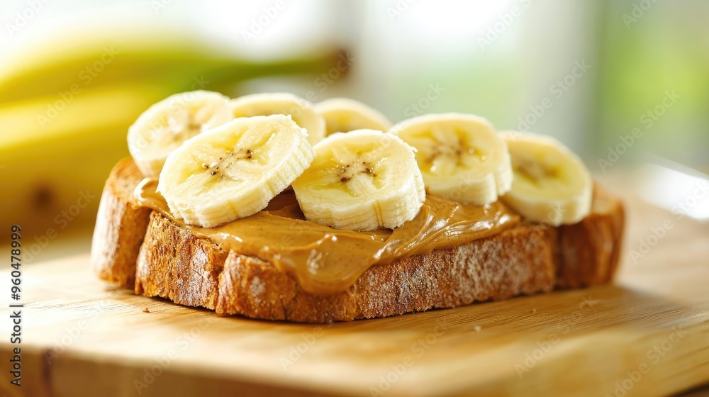 A delicious slice of toast topped with creamy peanut butter and fresh banana slices, perfect for a healthy breakfast or snack. A delicious slice of toast topped with creamy peanut butter and fresh banana slices, perfect for a healthy breakfast or snack.