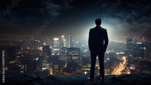 a solitary businessman, silhouetted against the backdrop of a bustling city at night,