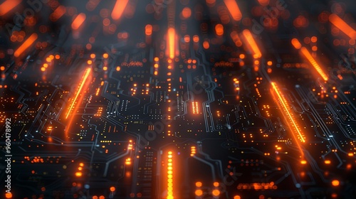 Printed circuit board futuristic server/Circuit board futuristic server code processing. Orange, green, blue technology background with bokeh. 3D Rendering