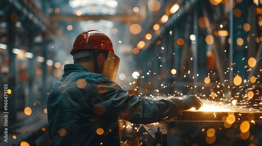 Factory Worker Operating High Tech Machine with Sparks Amid Modern Industrial Setting Factory Worker Operating High Tech Machine with Sparks Amid Modern Industrial Setting