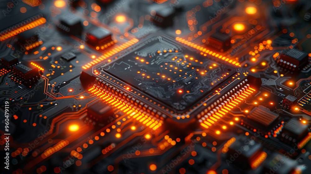 Fototapeta premium Printed circuit board futuristic server/Circuit board futuristic server code processing. Orange, green, blue technology background with bokeh. 3D Rendering