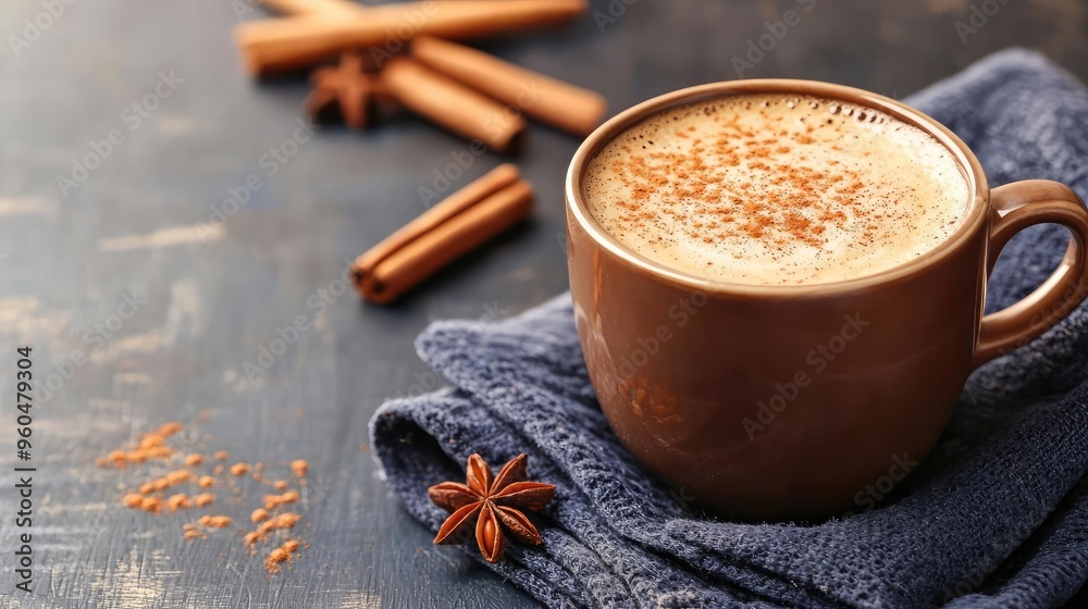 A warm cup of coffee with spices displayed on a rustic surface, perfect for cozy moments and inviting atmospheres. A warm cup of coffee with spices displayed on a rustic surface, perfect for cozy moments and inviting atmospheres.