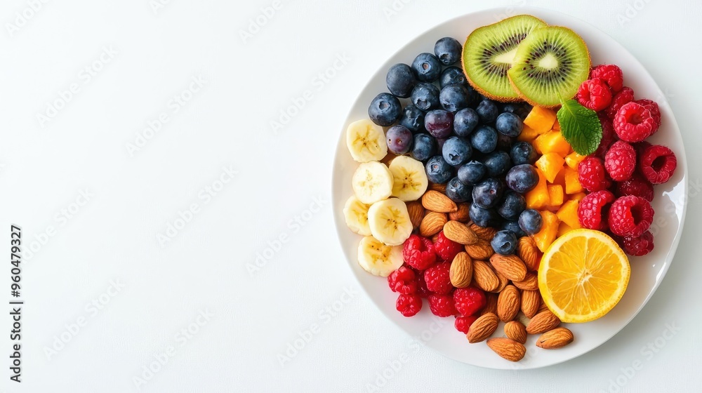 A vibrant assortment of fresh fruits and nuts arranged on a plate, showcasing healthy colors and textures for a nutritious snack. A vibrant assortment of fresh fruits and nuts arranged on a plate, showcasing healthy colors and textures for a nutritious snack.