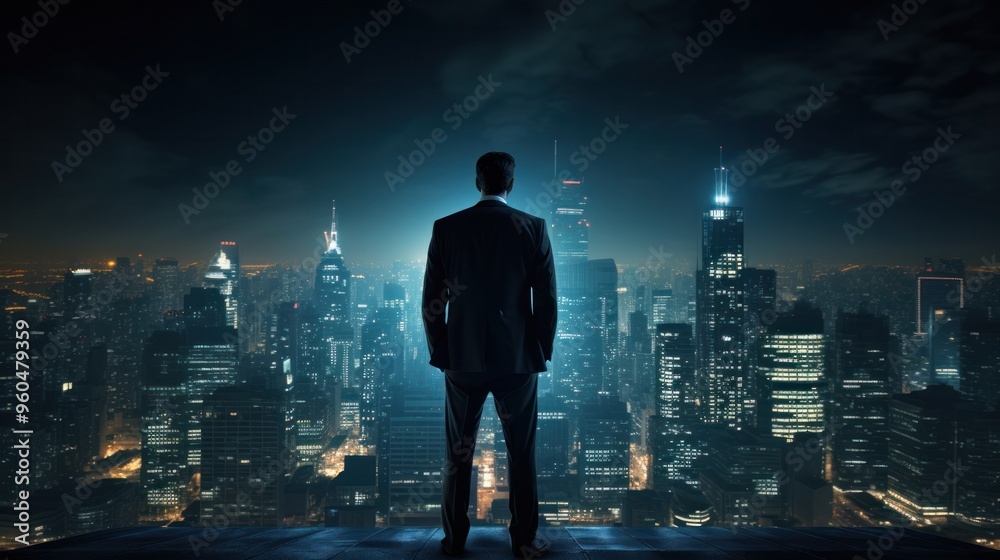 a solitary businessman, silhouetted against the backdrop of a bustling city at night, a solitary businessman, silhouetted against the backdrop of a bustling city at night,