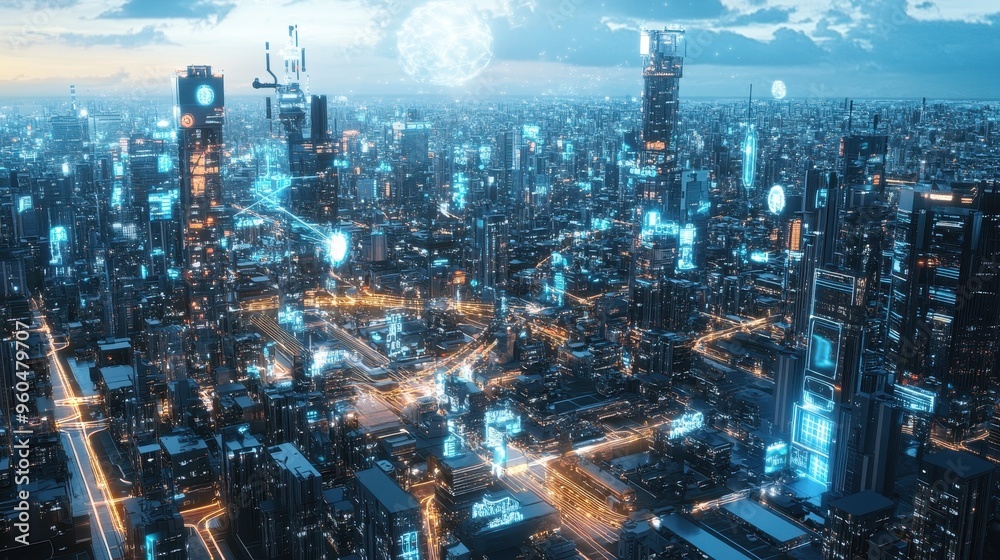 Naklejka premium Futuristic Metropolis at Night: Illuminating the Cityscape of Tomorrow