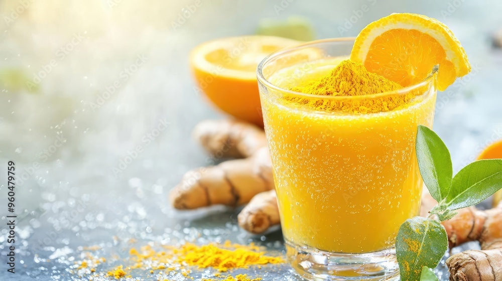 Vibrant glass of orange juice with turmeric, garnished with a slice of orange, highlighting healthy ingredients and fresh flavors. Vibrant glass of orange juice with turmeric, garnished with a slice of orange, highlighting healthy ingredients and fresh flavors.