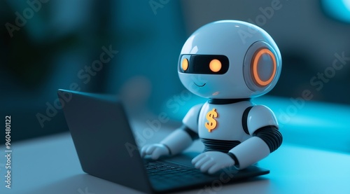 Cute robot using a laptop with a dollar symbol, representing technology in finance, innovation, and automation.