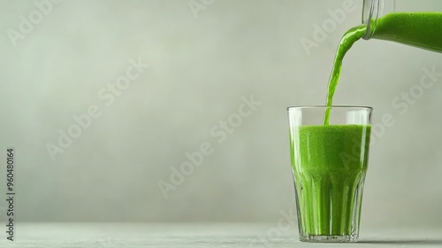 Fresh green smoothie being poured into a glass, showcasing vibrant color and healthy ingredients, ideal for wellness themes.