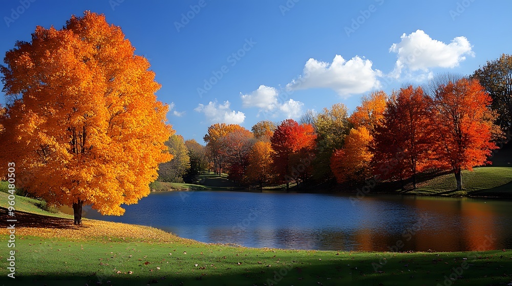 Obraz premium A peaceful autumn scene with brilliant blue skies and trees rich with fall colors, providing a serene and warm seasonal backdrop.