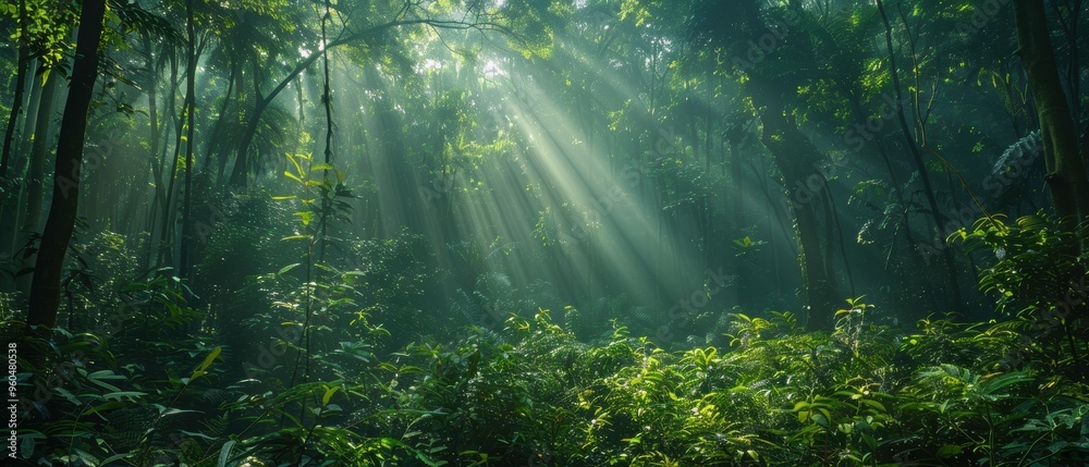 Obraz premium Serene Lush Green Forest - Sunlight Filtering Through Canopy of Trees