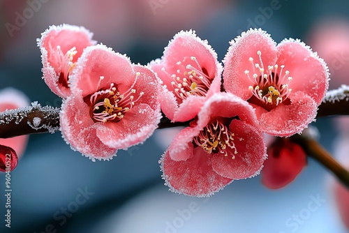 Blossoms, covered in frost, winterâ€™s touch add a delicate beauty to the cold landscape photo