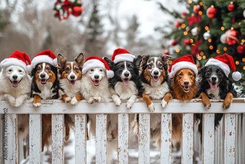 Eight cheerful dogs, all adorned with Santa hats, lean over a snowy fence against a backdrop of a decorated Christmas tree, spreading holiday joy photo