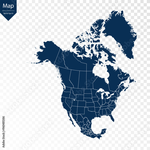 Transparent - High Detailed Blue Map of North America. Vector eps10.	
