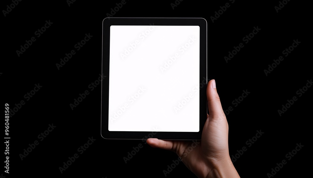 Hand holding a tablet showcasing a blank white screen for easy display customization. Device Mockup. Hand holding a tablet showcasing a blank white screen for easy display customization. Device Mockup.