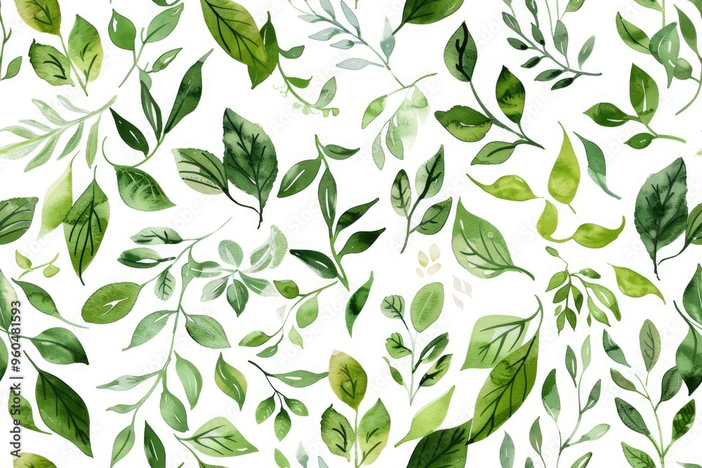 Watercolor Green Leaves on White Background