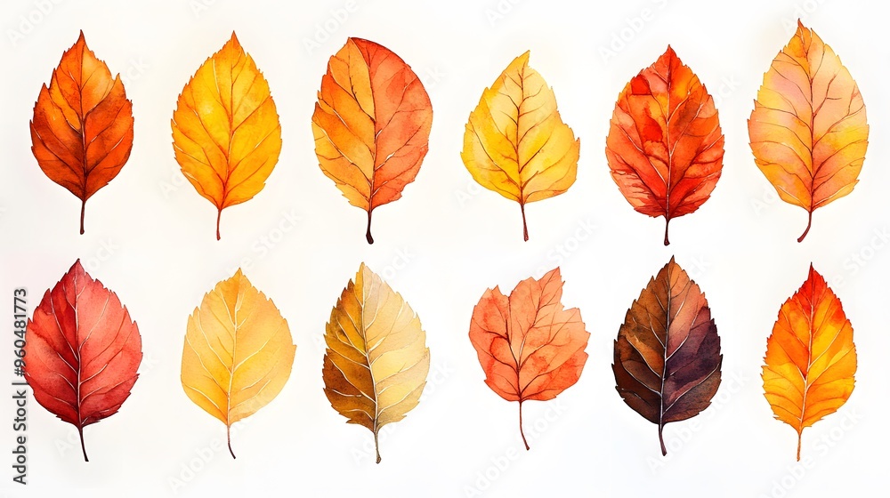 Obraz premium Hand-painted autumn leaves in watercolor with ink accents, arranged for branding, invitations, and craft projects.