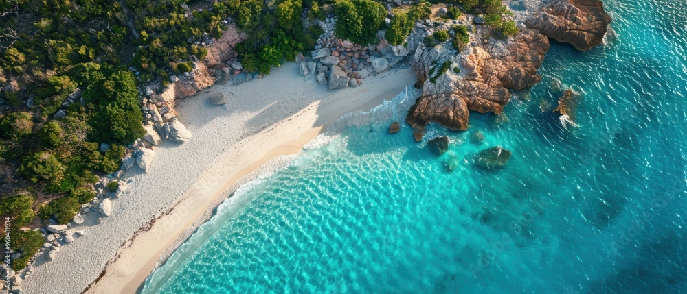 Fototapeta premium Tranquil Aerial View of a Stunning Beach with Turquoise Waters and White Sand