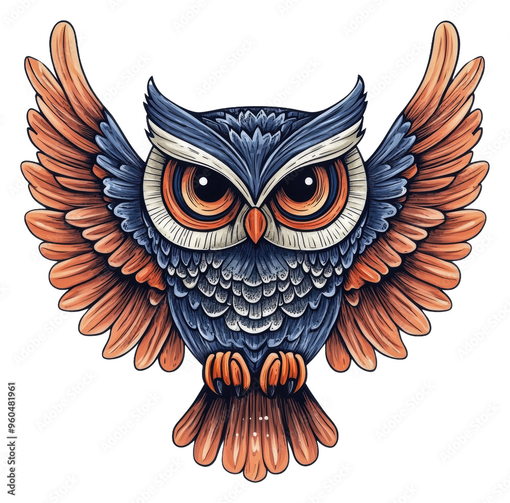 Fototapeta premium Colorful owl with outstretched wings in flight, cut out - stock png.