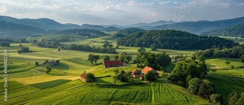 Serene Aerial Landscape of Lush Countryside Farms under Clear Sky