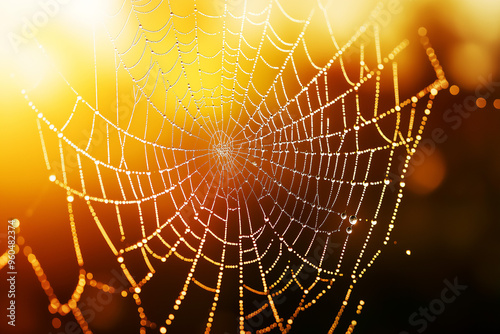 Close up of spider web with dew drops in morning sunshine, texture background