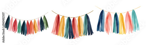 Colorful decorative garlands featuring vibrant fabric strips, perfect for festive celebrations and joyful occasions.