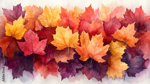 Watercolor painting of colorful autumn leaves filling the background, with soft brush strokes and warm fall hues.