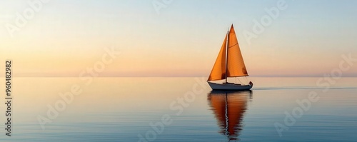 A boat setting sail at dawn on calm waters, representing new adventures and fresh starts new beginnings, exploration photo