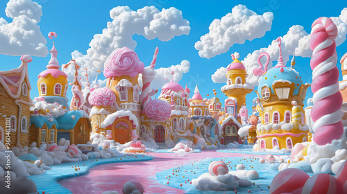 A beautiful sweet kingdom entirely made of various candies, with rivers full of milkshakes and houses constructed from edible sweets. This is a mystical fairy-tale realm. photo