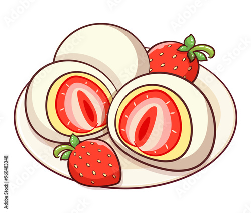 Ichigo Daifuku (Strawberry Mochi) illustration vector. Strawberry Daifuku Recipe Cartoon Icon Vector. 
Japanese dessert rice cakes with strawberry. Japanese strawberry daifuku recipe.
