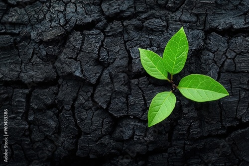 New green leaves growing on a charred tree, symbolizing resilience and fresh growth after hardship new beginnings, nature s recovery photo