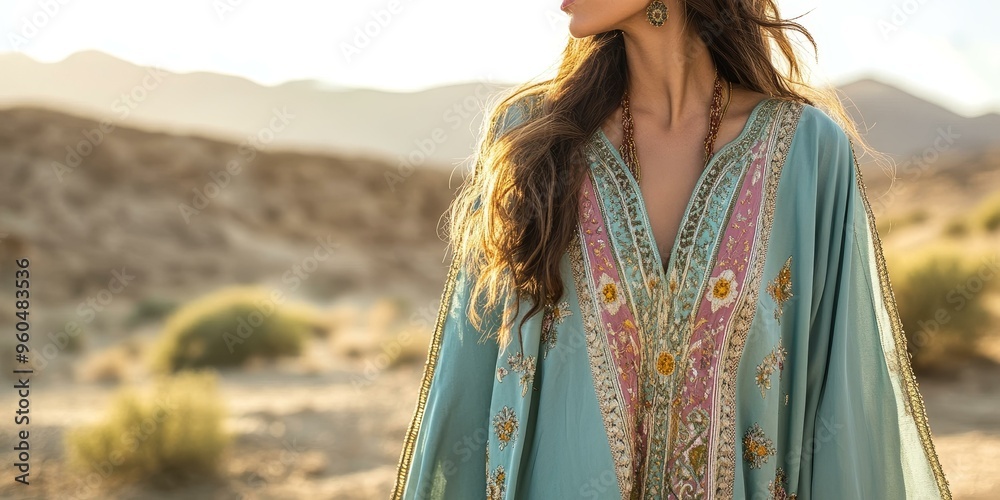 Obraz premium Woman in teal floral patterned dress with gold trim.