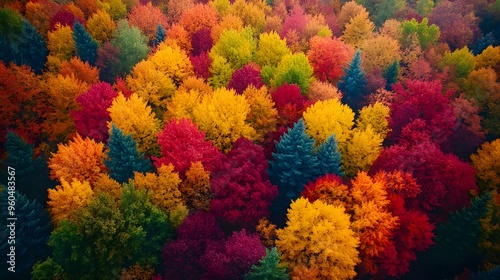 Aerial shot of a colorful autumn forest, where the foliage displays a stunning array of warm, bright colors.