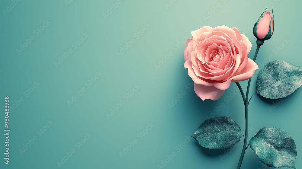 A stunning pink rose, fully bloomed, accompanied by a small bud and lush green leaves, rests gently on a soft turquoise backdrop, creating a tranquil atmosphere A stunning pink rose, fully bloomed, accompanied by a small bud and lush green leaves, rests gently on a soft turquoise backdrop, creating a tranquil atmosphere