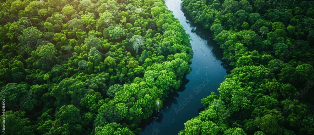 Serene Aerial View of Winding River Meandering Through Lush Forest Canopy