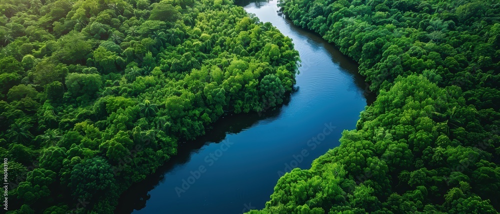 Serene Aerial View of a Winding River meandering through Dense Green Forest Canopy Serene Aerial View of a Winding River meandering through Dense Green Forest Canopy