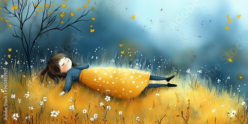 A girl in a yellow dress relaxes in a field of flowers under a bright sky