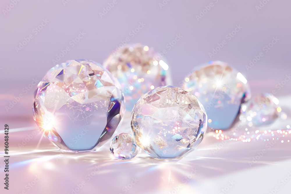 The arrangement showcases multiple crystal spheres of varying sizes that catch and refract light, creating a vibrant display on a soft purple background The arrangement showcases multiple crystal spheres of varying sizes that catch and refract light, creating a vibrant display on a soft purple background