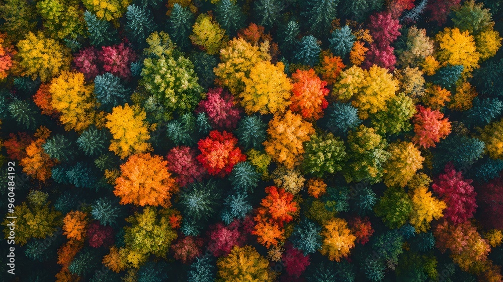 Obraz premium A top-down shot of a forest in peak autumn colors, showcasing the brilliant mix of fall foliage.