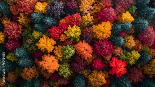 A top-down shot of a forest in peak autumn colors, showcasing the brilliant mix of fall foliage.