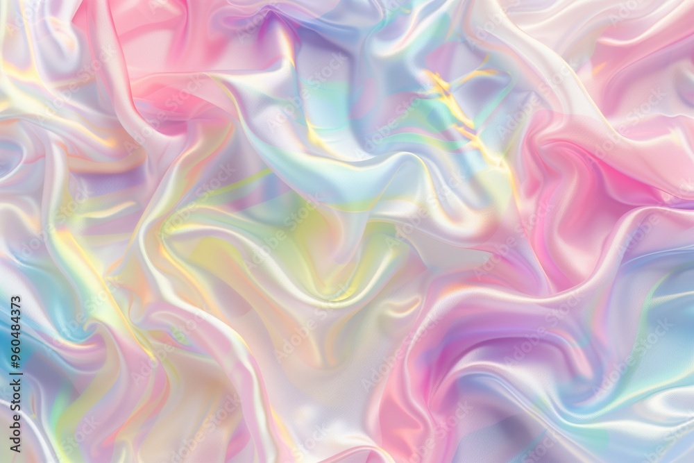 Fototapeta premium Holographic pastel rainbow satin fabric background, abstract wavy liquid silk texture with hologram effect for design of packaging