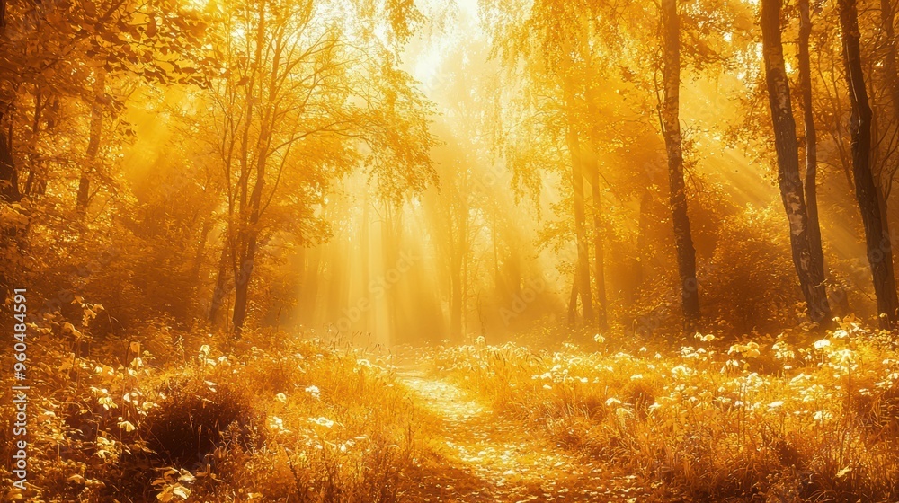 Obraz premium Ethereal Golden Autumn Forest Landscape with Sunlit Path Through the Lush Foliage