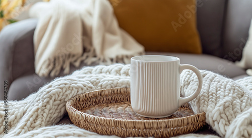 Uma cena de sala de estar aconchegante e convidativa, exibindo uma caneca branca colocada em uma bandeja de tecido, acompanhada por um cobertor de malha macio, enfatizando o conforto e o aconchego photo